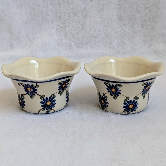 Polish Pottery Tealight Candle Holders with Blue, Yellow, & Brown Floral Design - Picture 2 of 8
